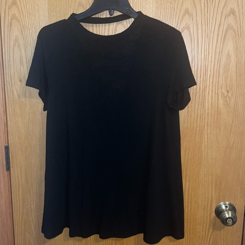 Very‎ J Black Lace Up Choker Neck Short Sleeve Tunic Top Women NEW Size Large